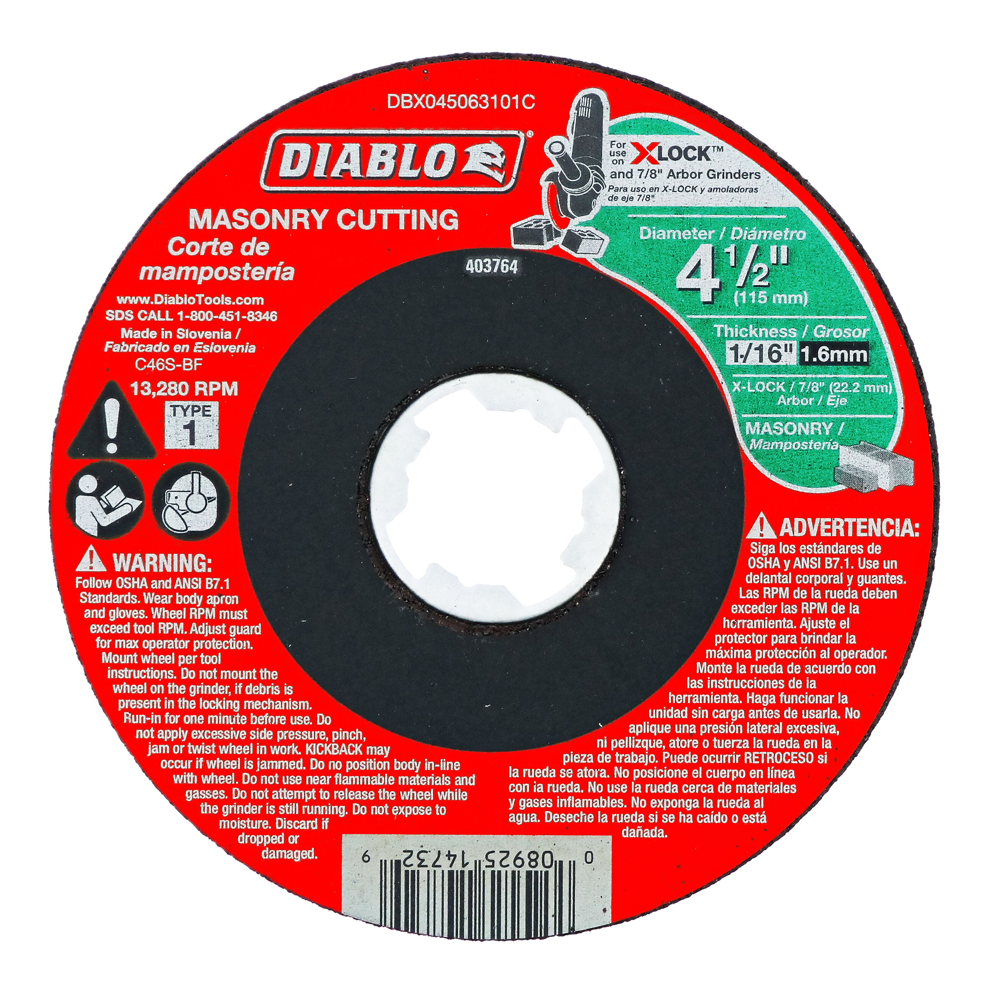 Red and black circular masonry cutting wheel with white center hole, 4-1/2 inch diameter, labeled Diablo Type 1.