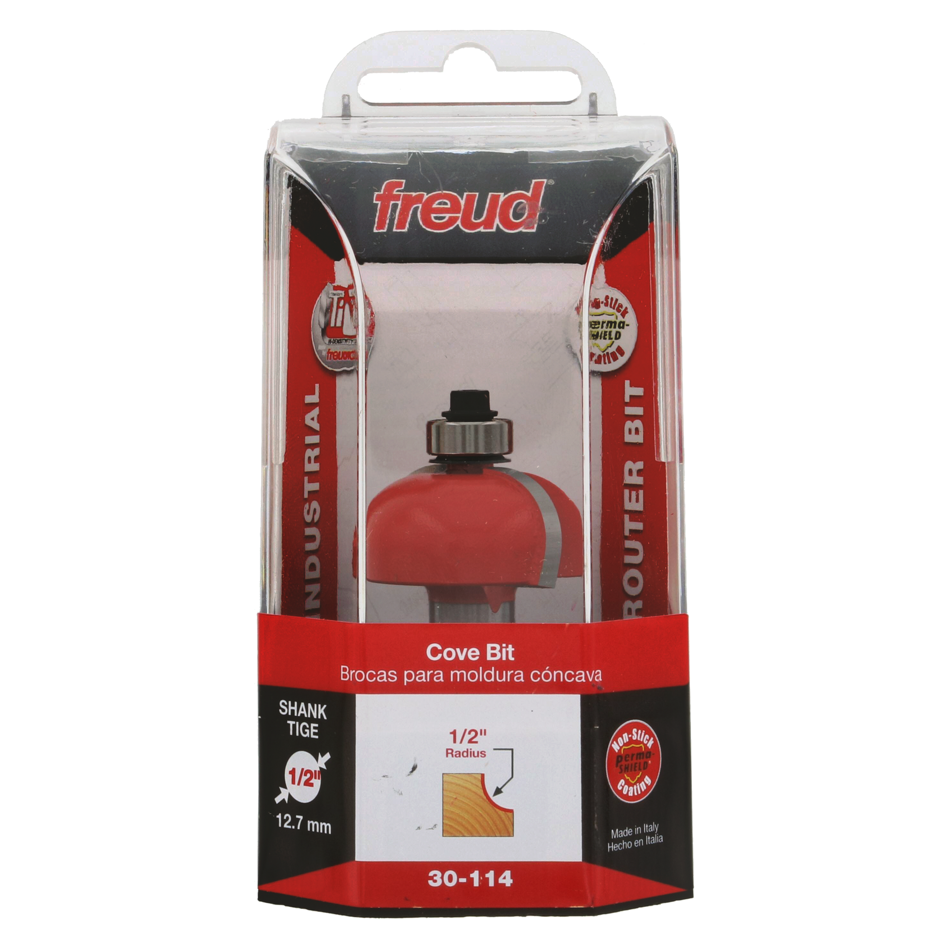 Freud 30-114 cove bit with red rounded head, 1/2" radius, 1/2" shank in clear plastic retail packaging.