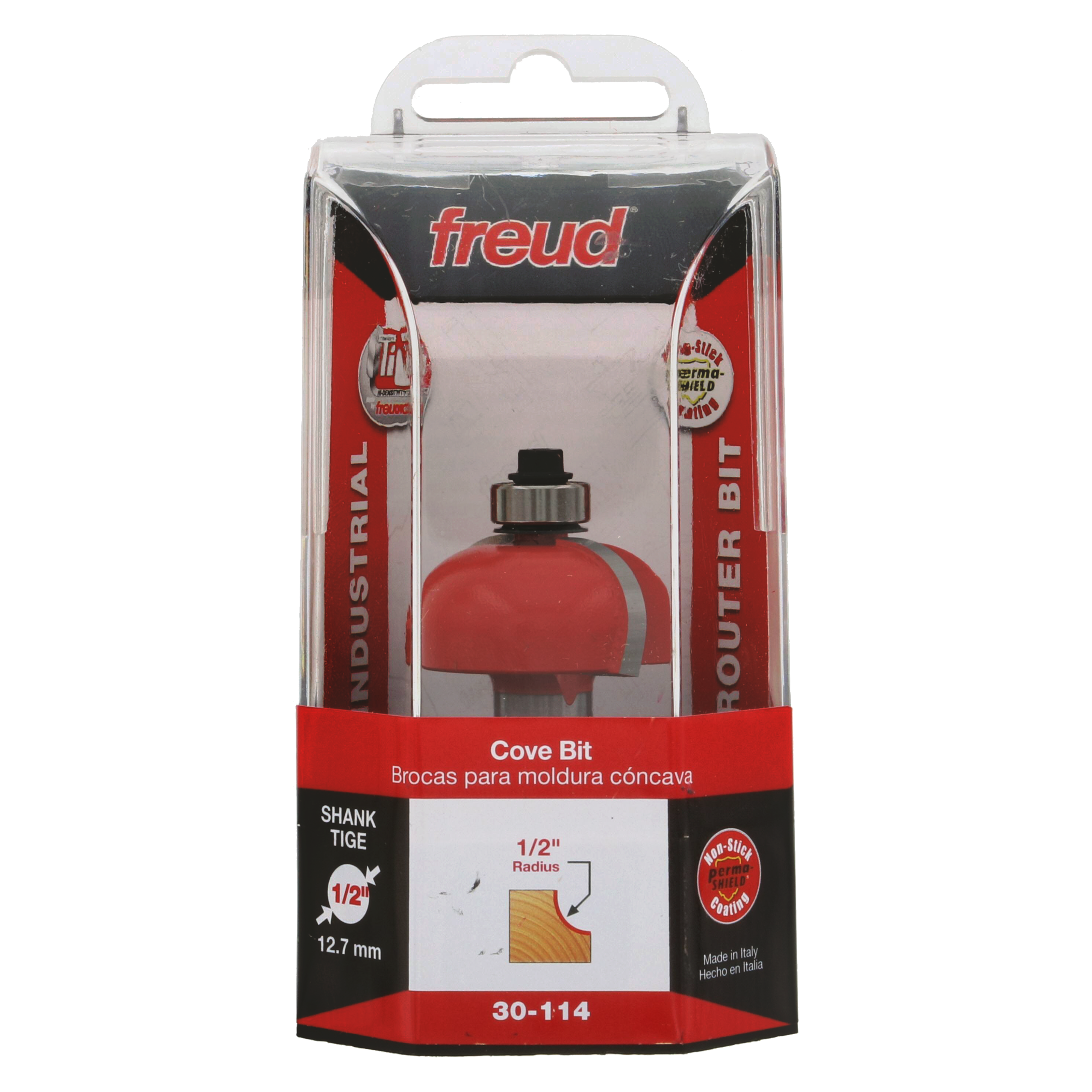 Freud 30-114 cove bit with red rounded head, 1/2" radius, 1/2" shank in clear plastic retail packaging.