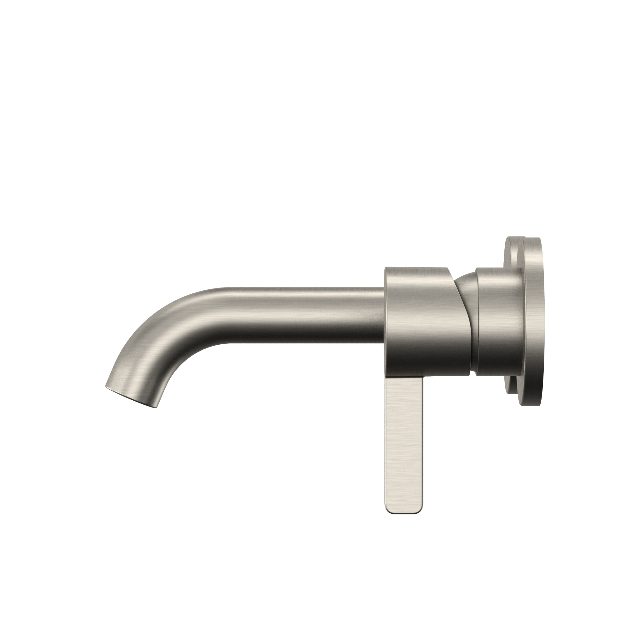 Brushed nickel wall-mount bathroom faucet with curved spout and single rectangular handle.