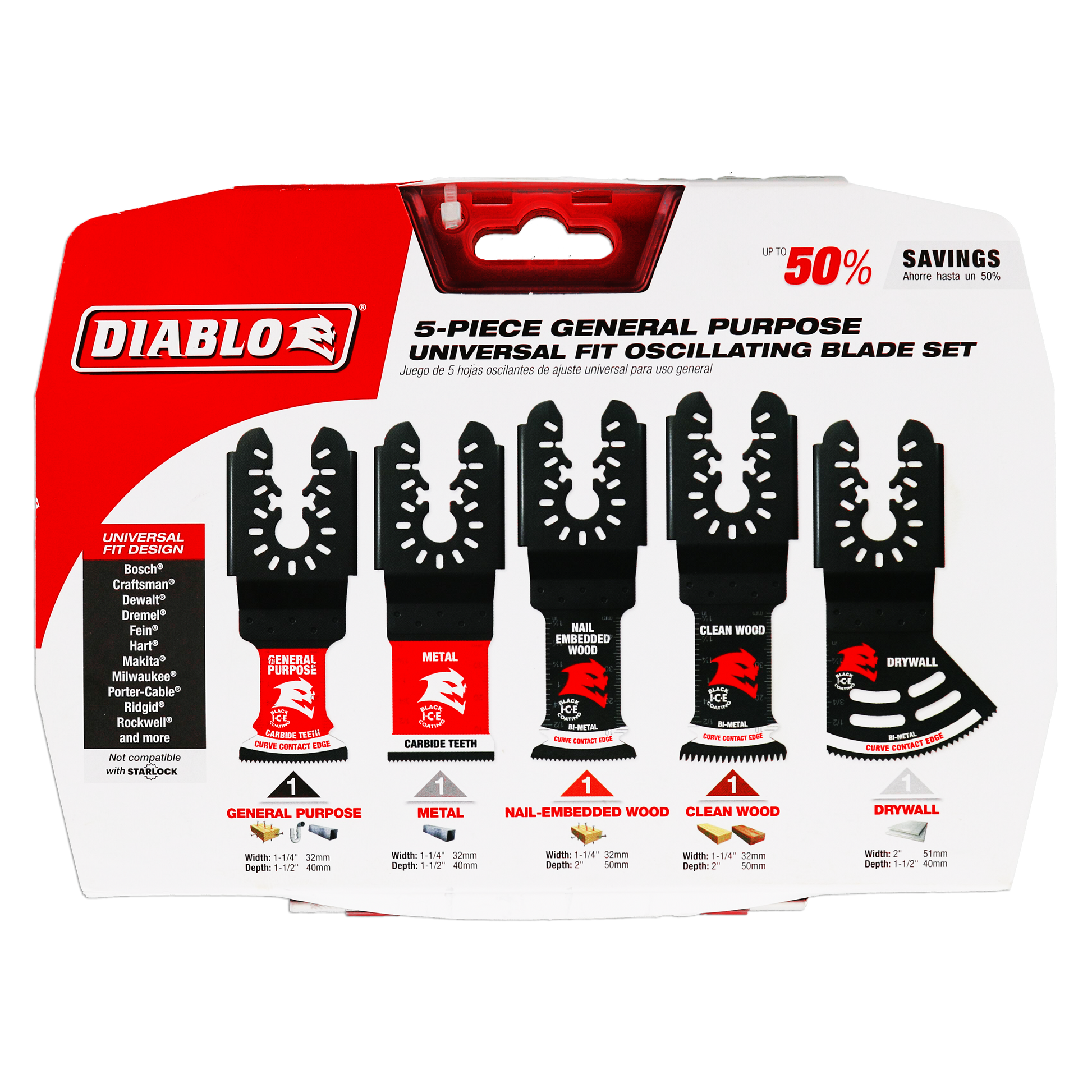 Five black oscillating saw blades with different tooth patterns labeled for general purpose, metal, nail-embedded wood, clean