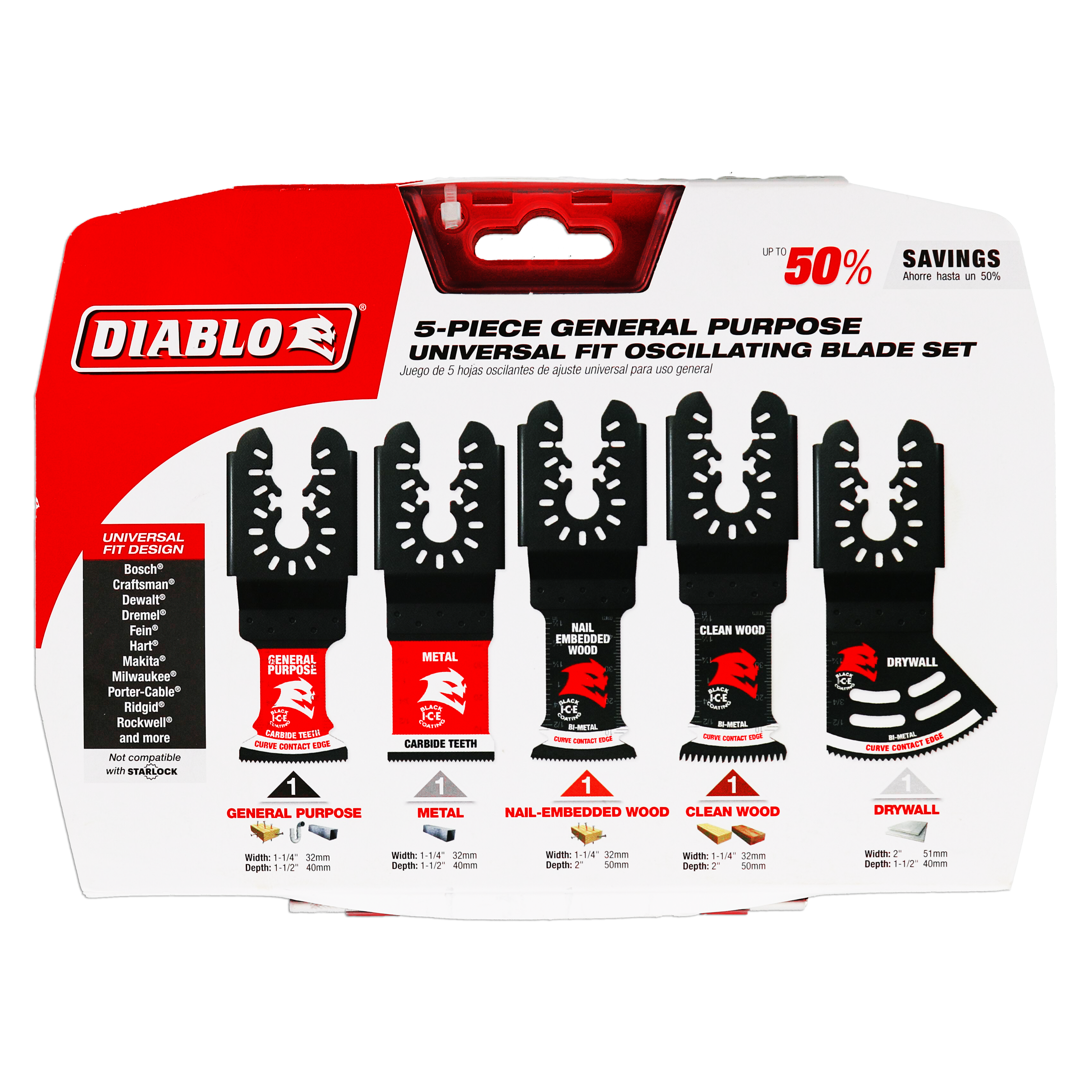 Five black oscillating saw blades with different tooth patterns labeled for general purpose, metal, nail-embedded wood, clean