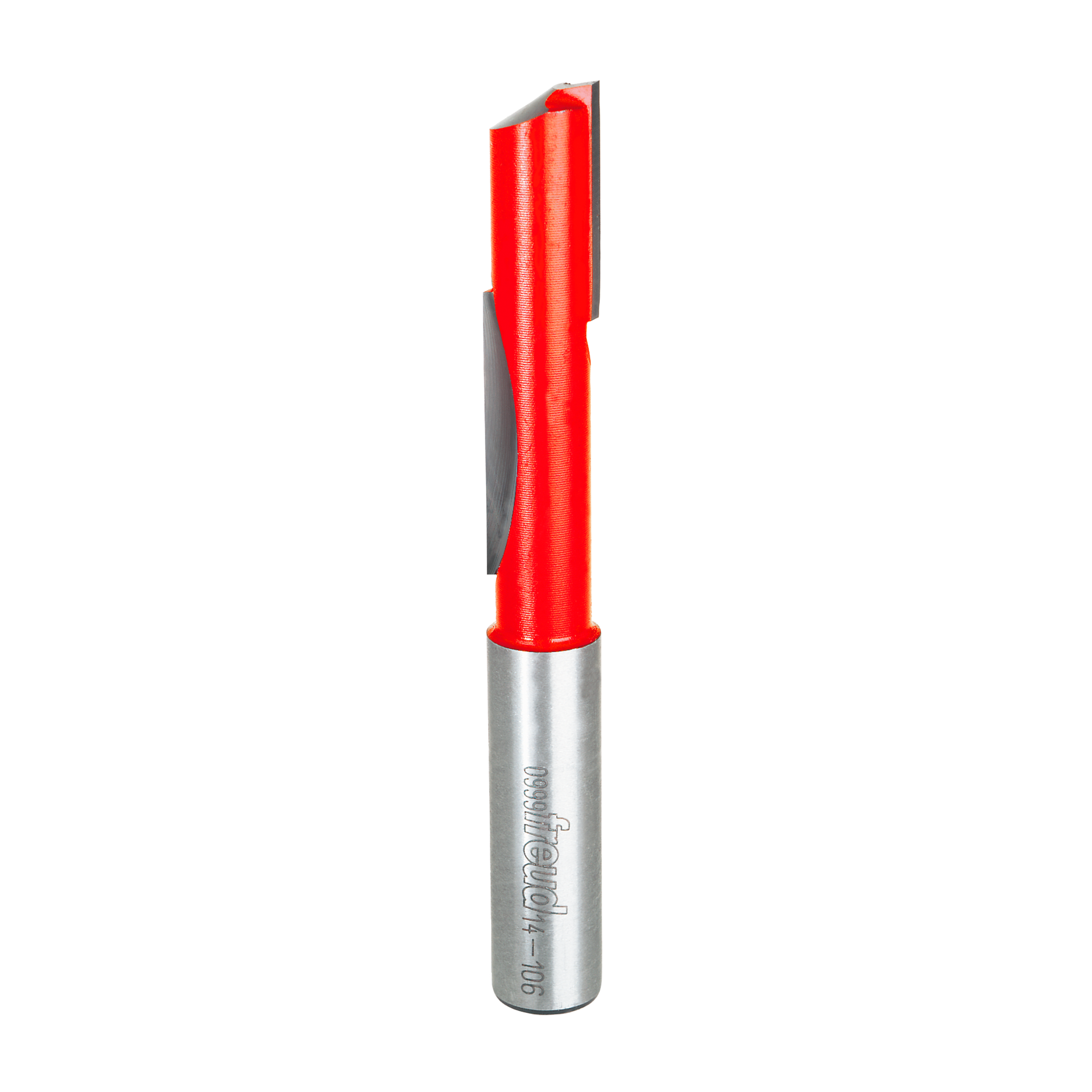 Red and silver stagger bit with cylindrical shank and staggered cutting edges for woodworking.
