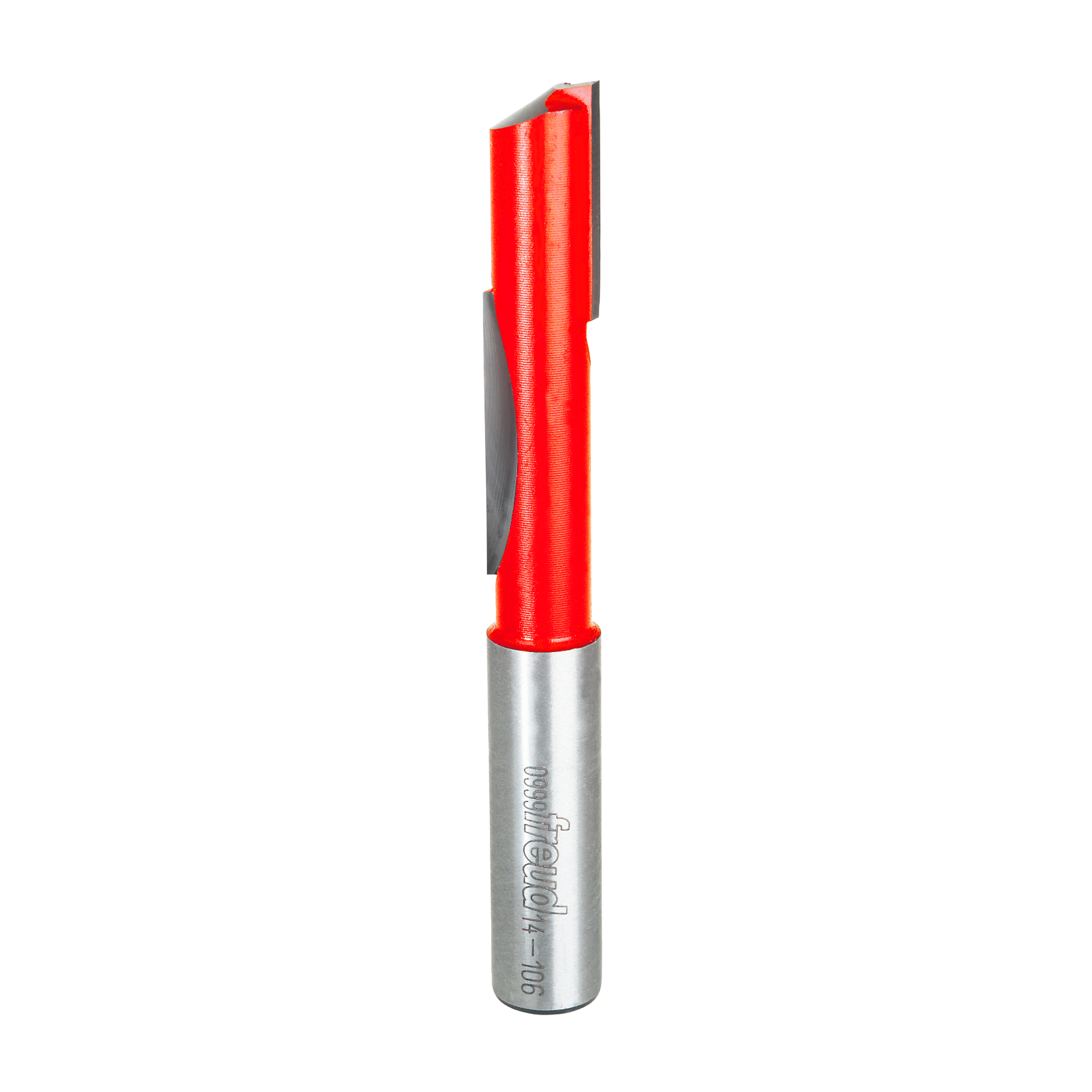 Red and silver stagger bit with cylindrical shank and staggered cutting edges for woodworking.