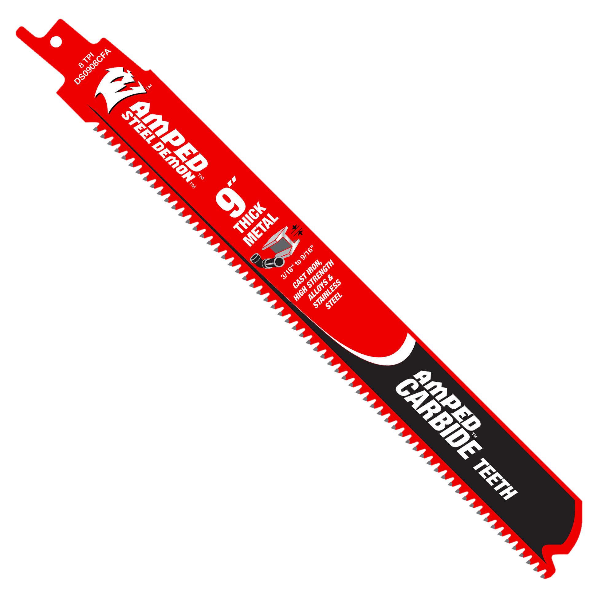 Red and black 9-inch reciprocating saw blade with carbide teeth for metal cutting.
