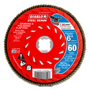Red 6-inch flap disc with 60-grit abrasive coating and X-Lock arbor for grinding and polishing metal and stainless steel.