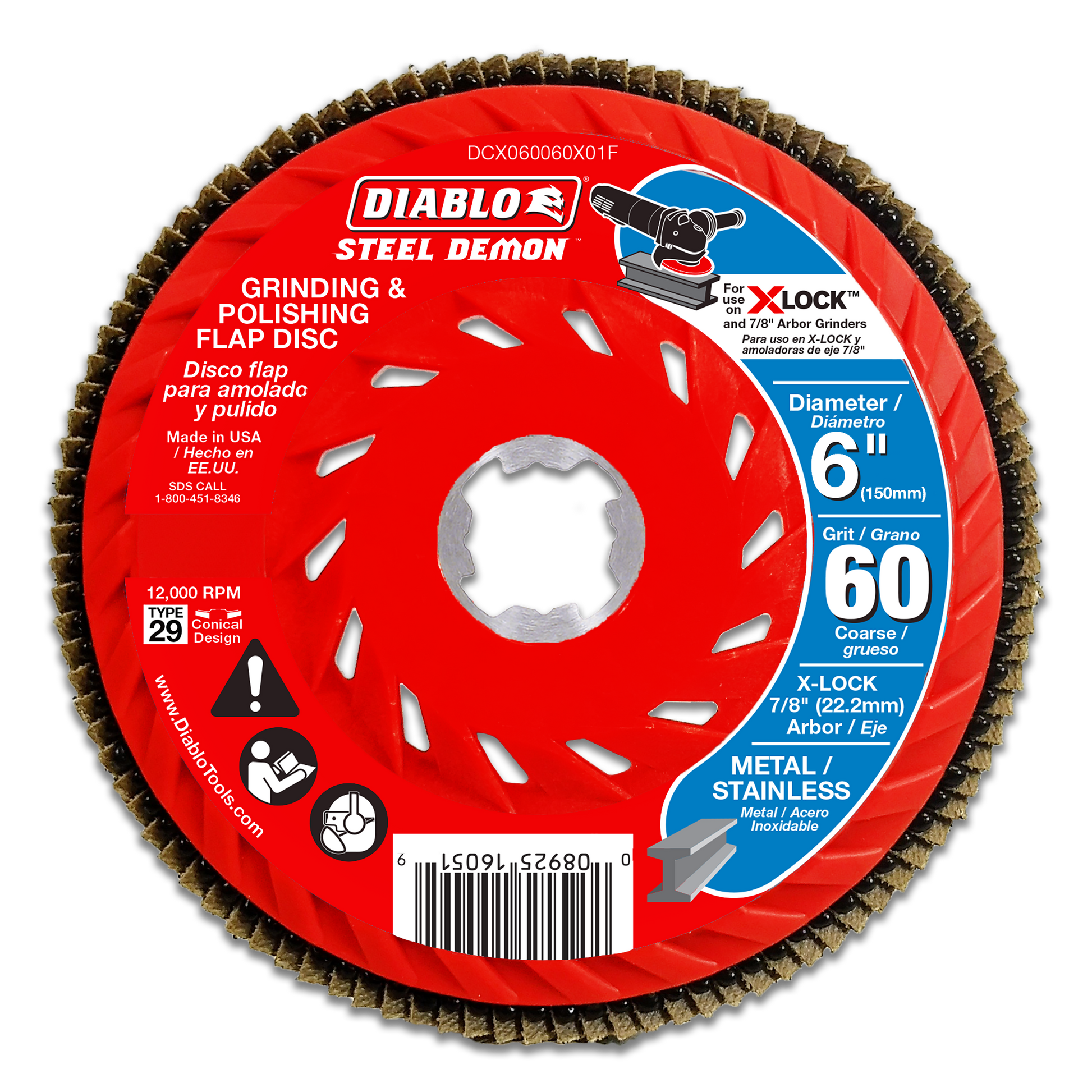 Red 6-inch flap disc with 60-grit abrasive coating and X-Lock arbor for grinding and polishing metal and stainless steel.