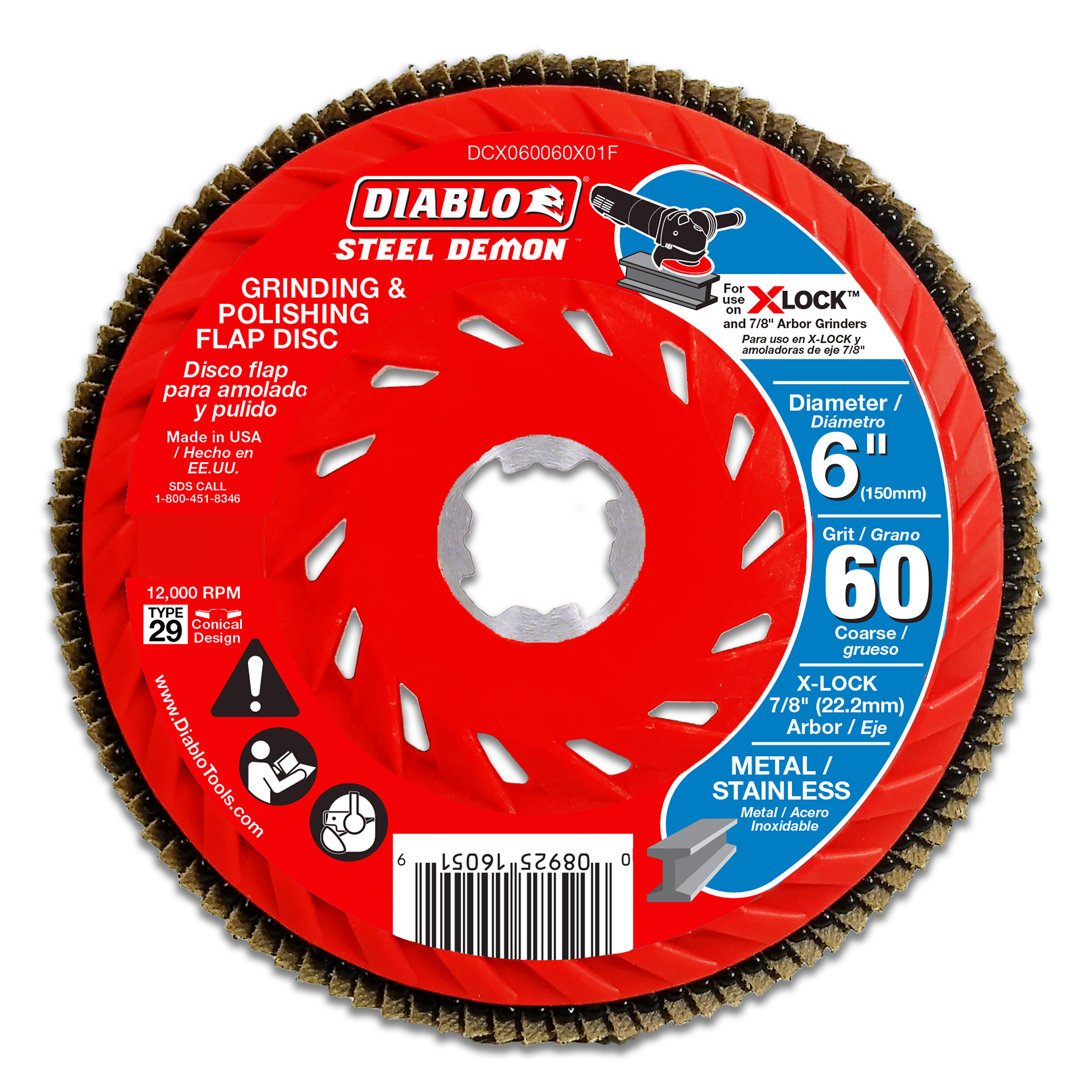 Red 6-inch flap disc with 60-grit abrasive coating and X-Lock arbor for grinding and polishing metal and stainless steel.