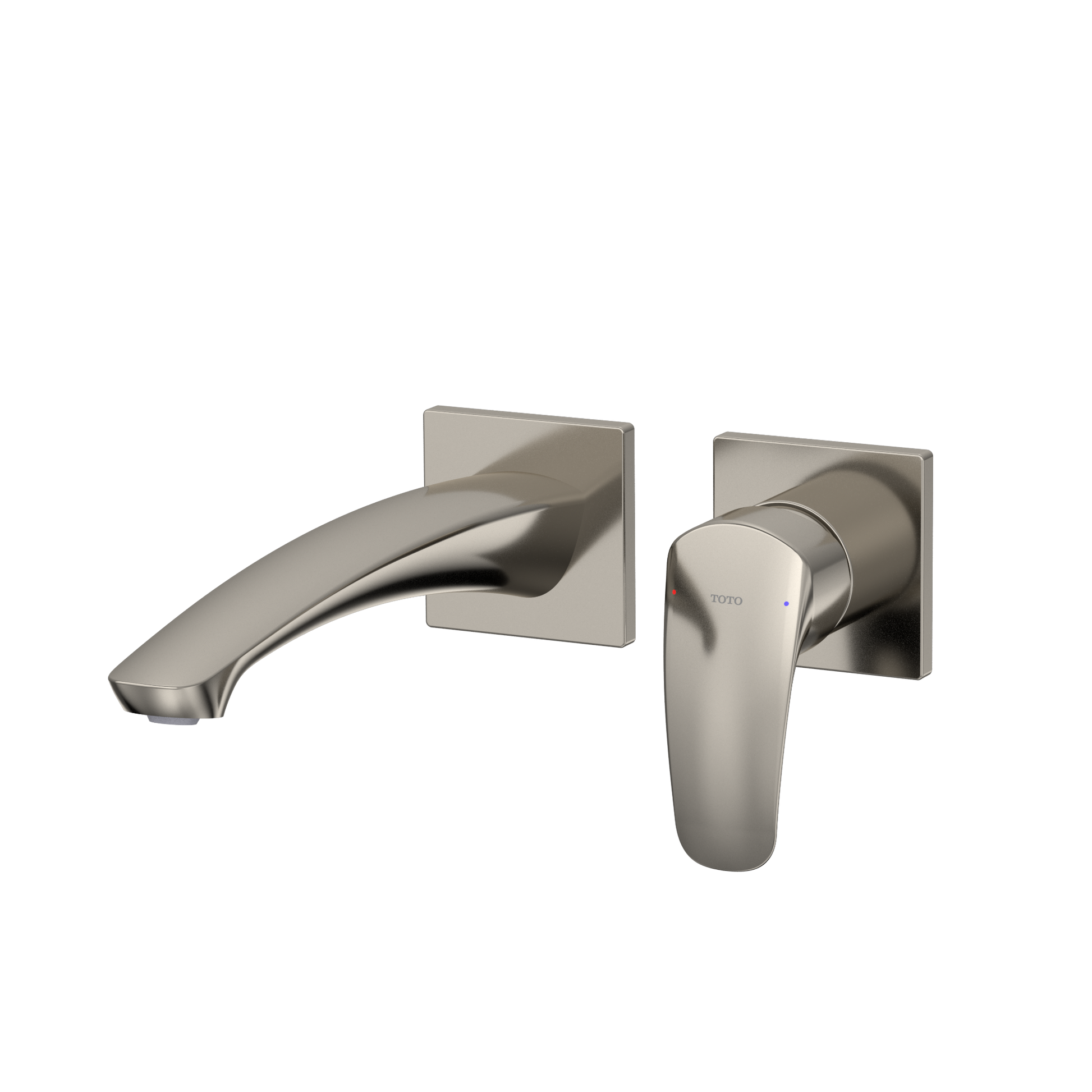 Polished nickel wall-mount bathroom faucet with single curved handle and curved spout.