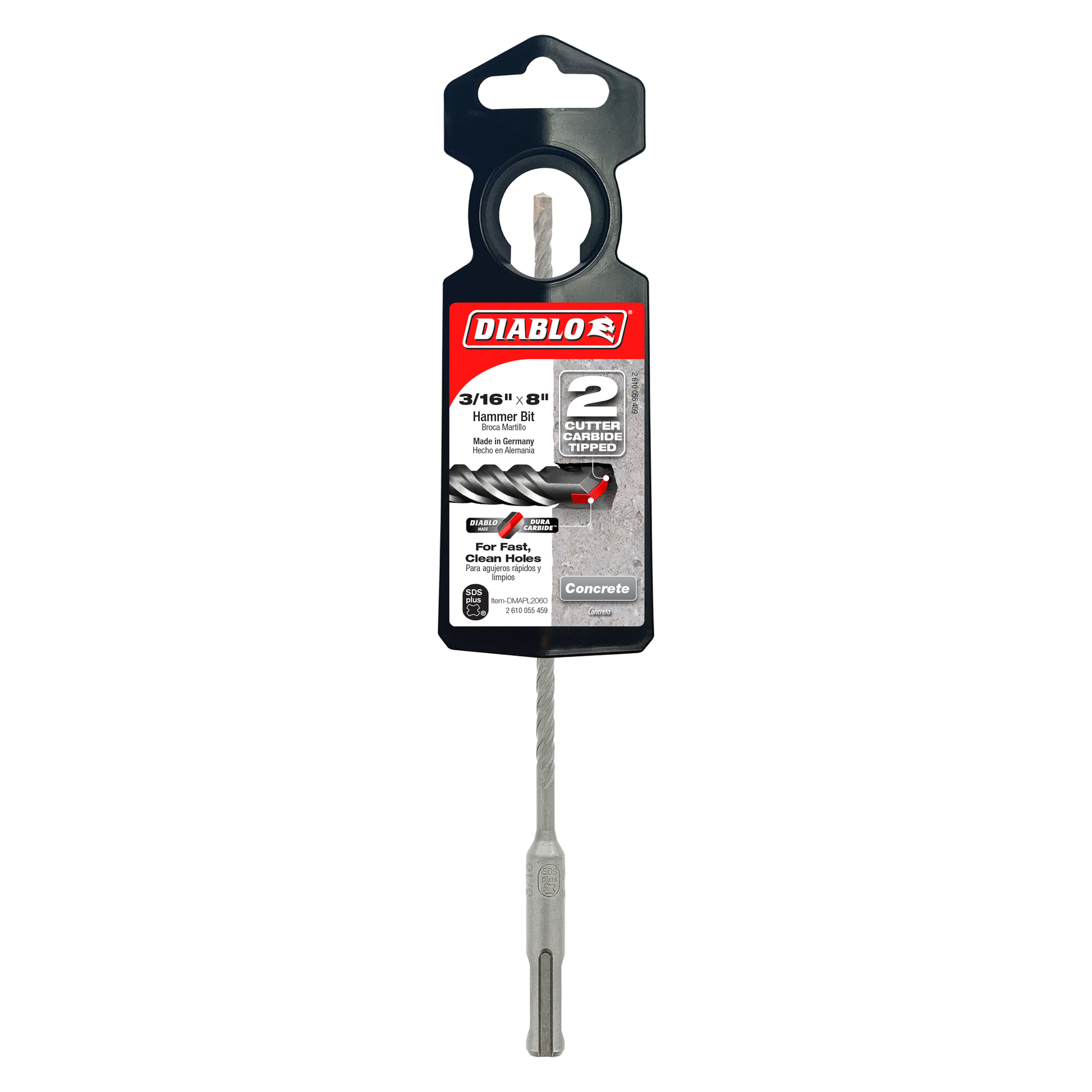 Diablo SDS-Plus hammer drill bit with 2-cutter design and black plastic packaging, 3/16 inch diameter.