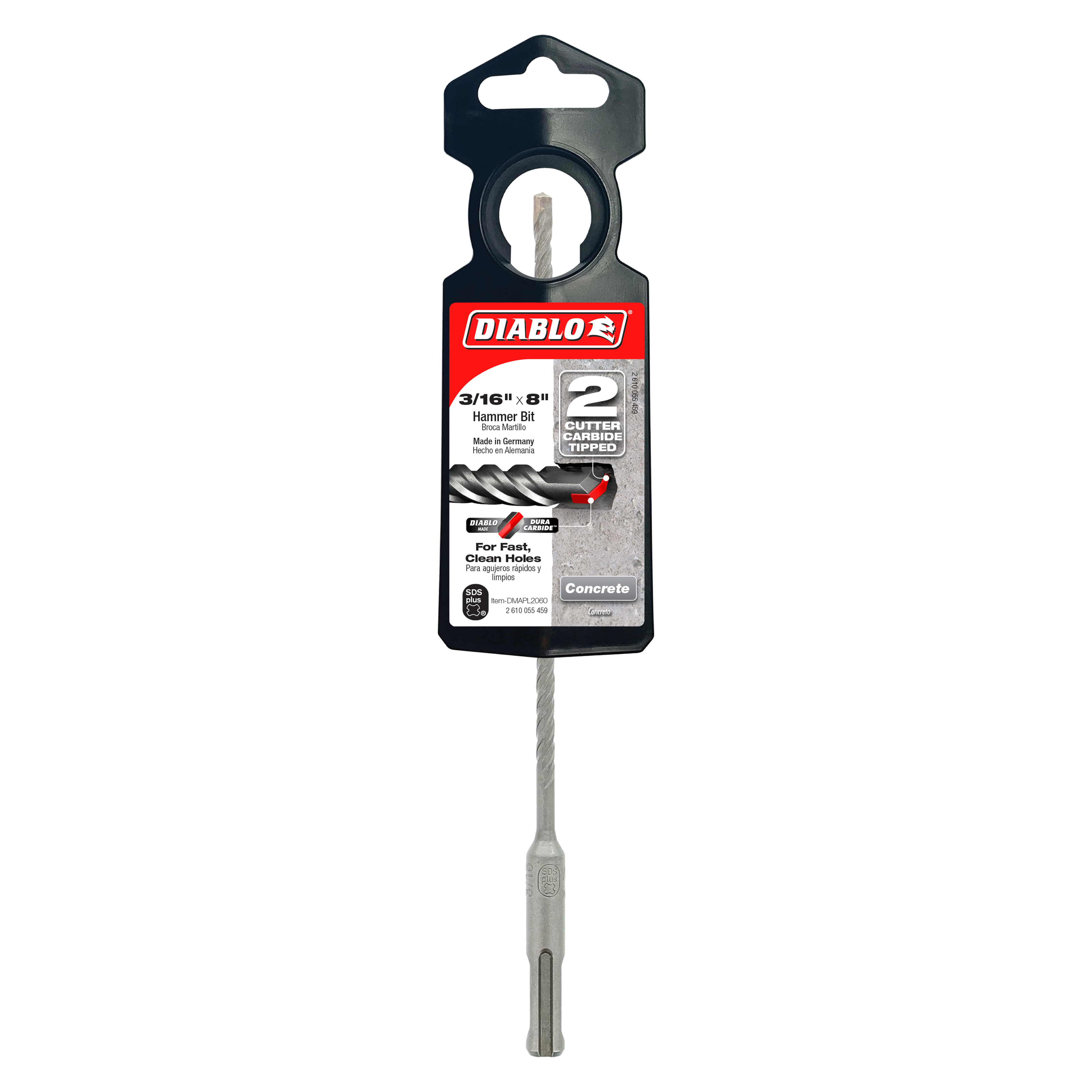 Diablo SDS-Plus hammer drill bit with 2-cutter design and black plastic packaging, 3/16 inch diameter.