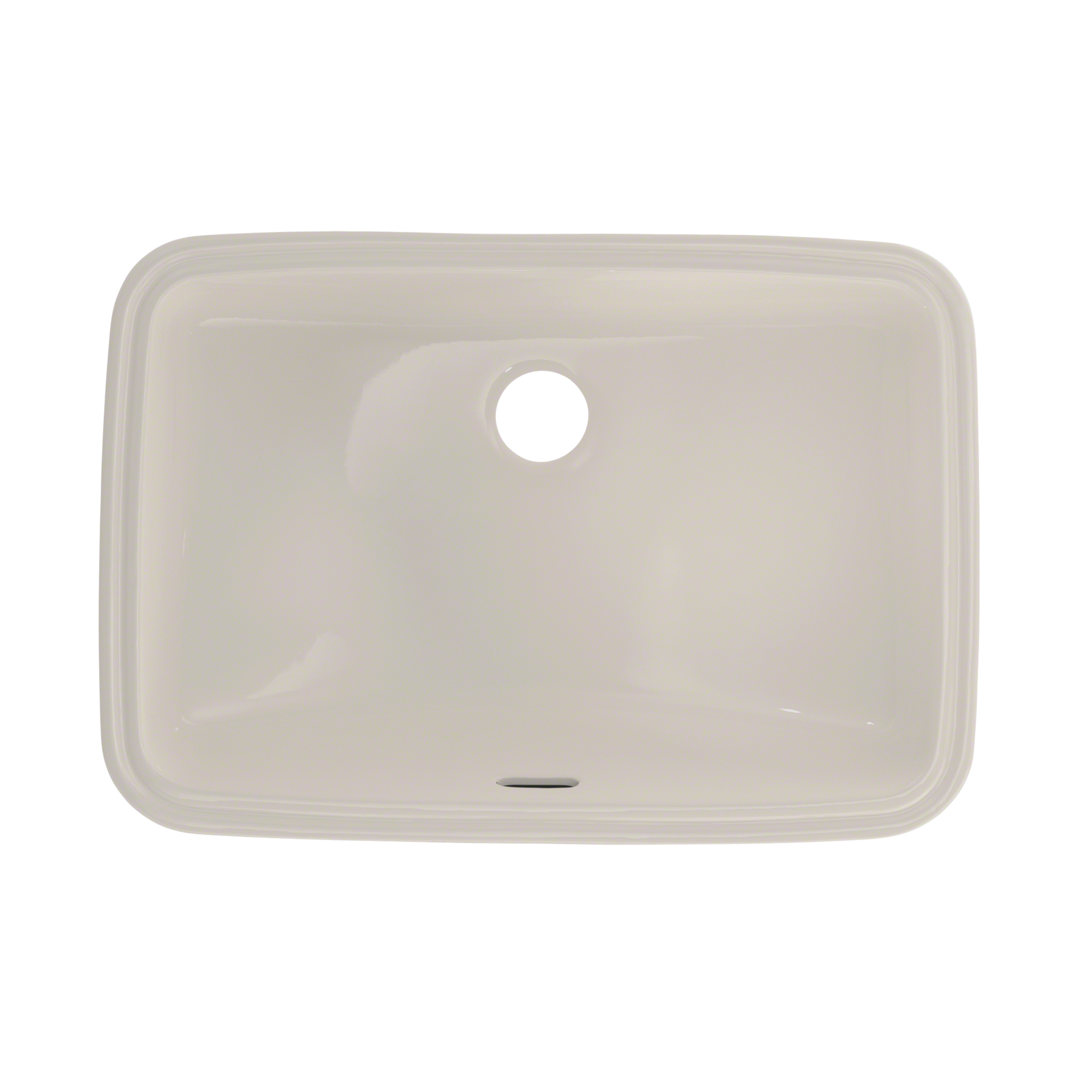 Sedona beige rectangular undermount bathroom sink with single faucet hole, viewed from above.