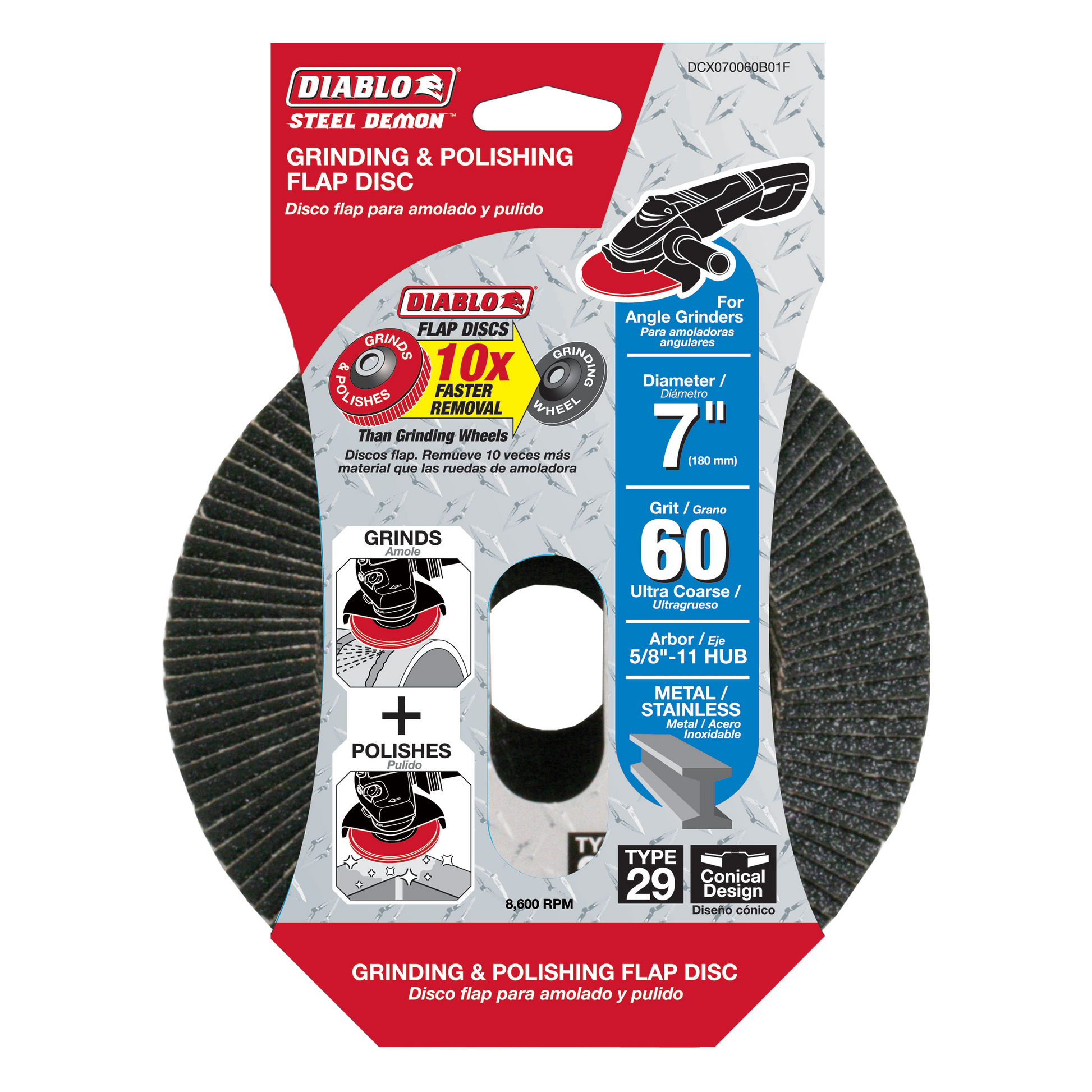 Diablo Steel Demon 7-inch flap disc with 60-grit abrasive surface and black hub, packaged in red and white card backing.