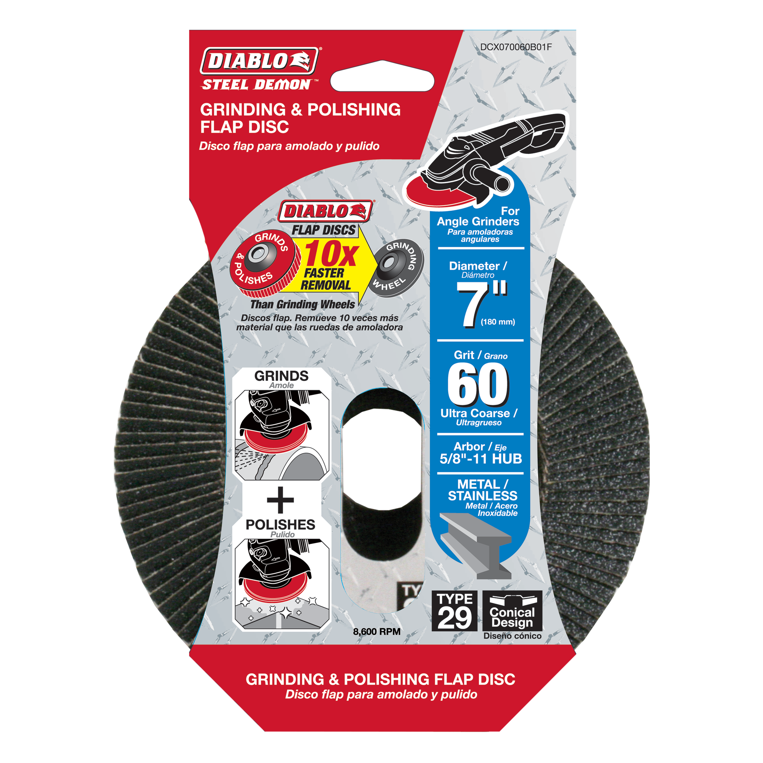 Diablo Steel Demon 7-inch flap disc with 60-grit abrasive surface and black hub, packaged in red and white card backing.