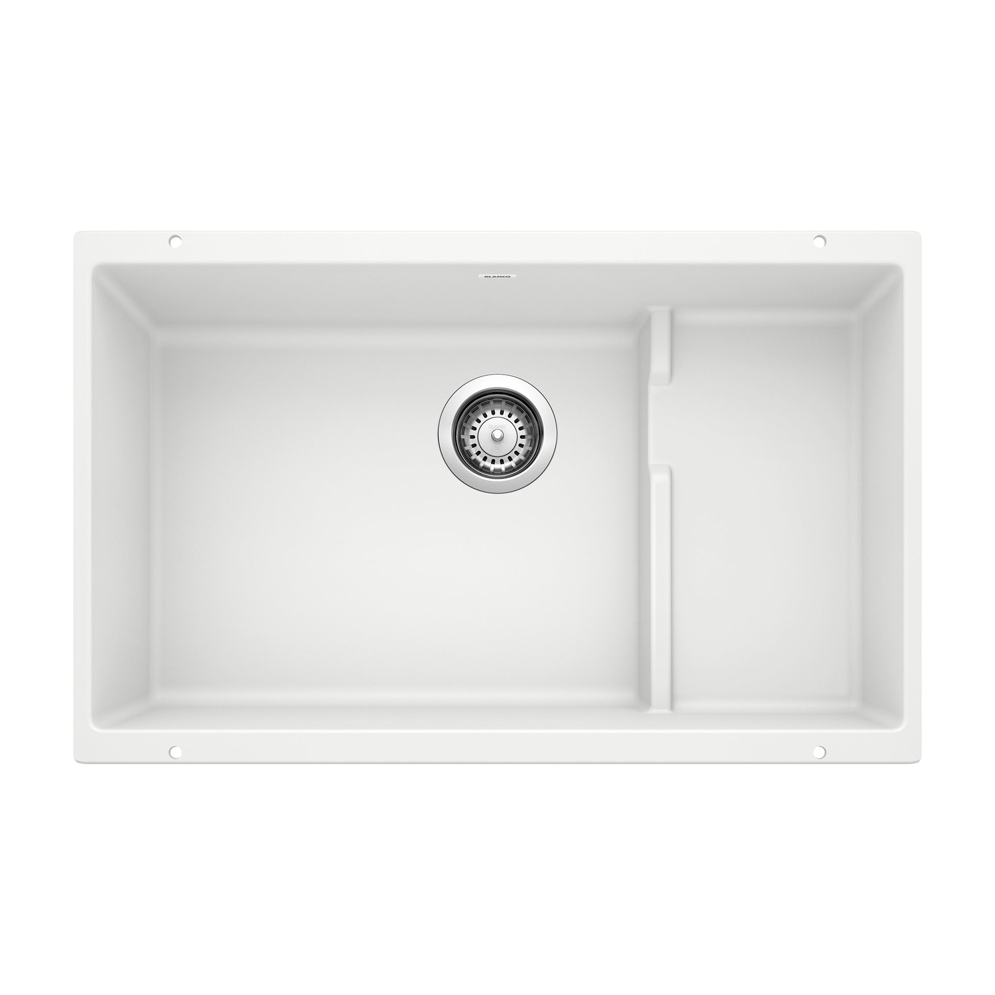 White undermount kitchen sink with single basin, drain strainer, and narrow drainboard on right side.