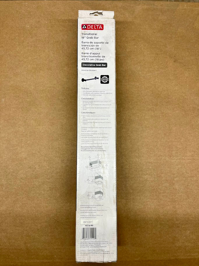 Delta Transitional 18" grab bar in Venetian Bronze finish, shown in original packaging with installation diagram and specific