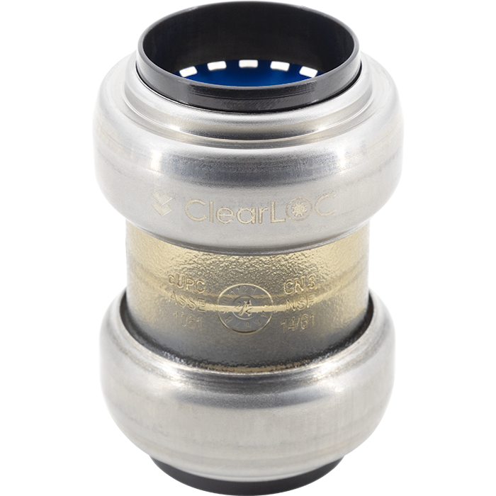 Chrome push fit coupling with brass center section, blue internal collar, and removable top cap.