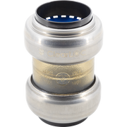 Metallic push fit coupling with brass center band, blue interior ring, and clearLoc branding on cylindrical body.