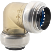 Brass and stainless steel push fit elbow connector with blue internal seal and 90-degree angle bend.