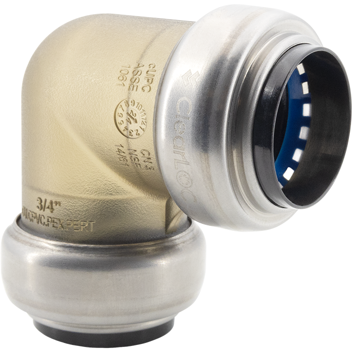 Brass and stainless steel push fit elbow connector with blue internal seal and 90-degree angle bend.