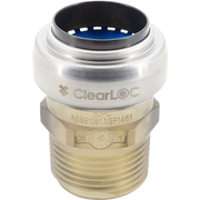 ClearLOC push fit adapter with silver upper component and tan threaded male connection port.