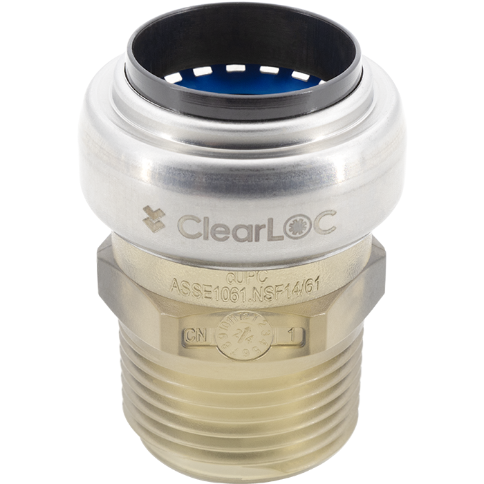 ClearLOC push fit adapter with silver upper component and tan threaded male connection port.