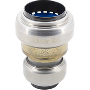 Brass and chrome push fit coupling with blue interior seal and black grip ring on cylindrical body.