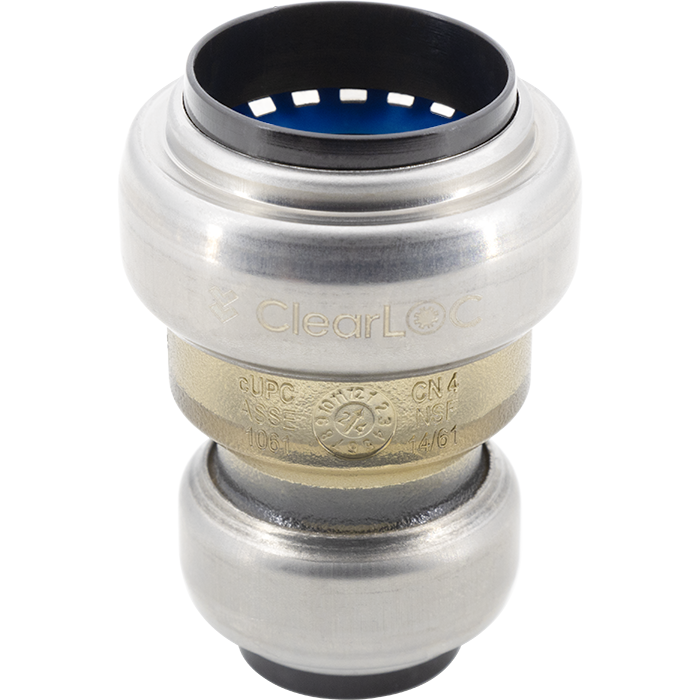 Brass and chrome push fit coupling with blue interior seal and black grip ring on cylindrical body.