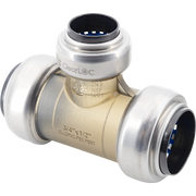Brass push-fit tee connector with three ports in 3/4", 3/4", and 1/2" sizes, featuring white grip rings and blue internal sea