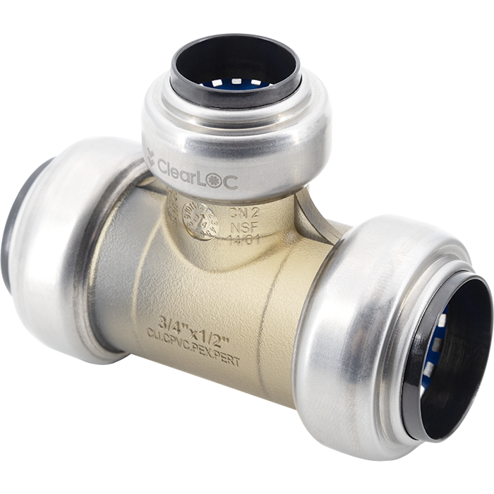 Brass push-fit tee connector with three ports in 3/4", 3/4", and 1/2" sizes, featuring white grip rings and blue internal sea