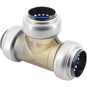 Brass tee fitting with three white push-fit connectors and blue internal valve seats.