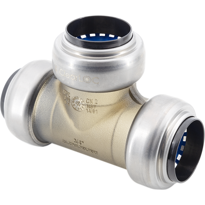 Brass tee fitting with three white push-fit connectors and blue internal valve seats.