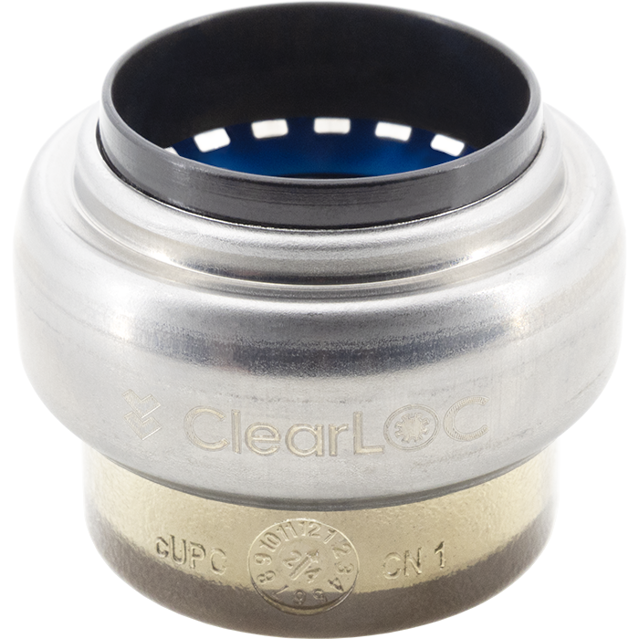 Silver and blue push fit test cap with black interior seal and embossed branding.