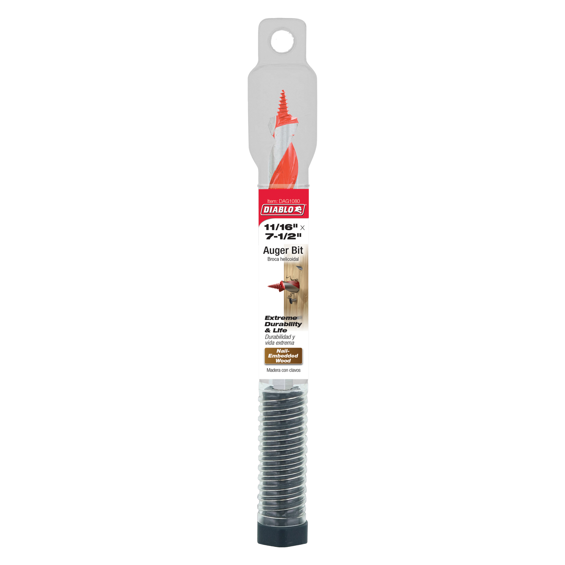 Diablo auger bit with red cutting head, gray packaging label, and threaded metal shaft with black base.