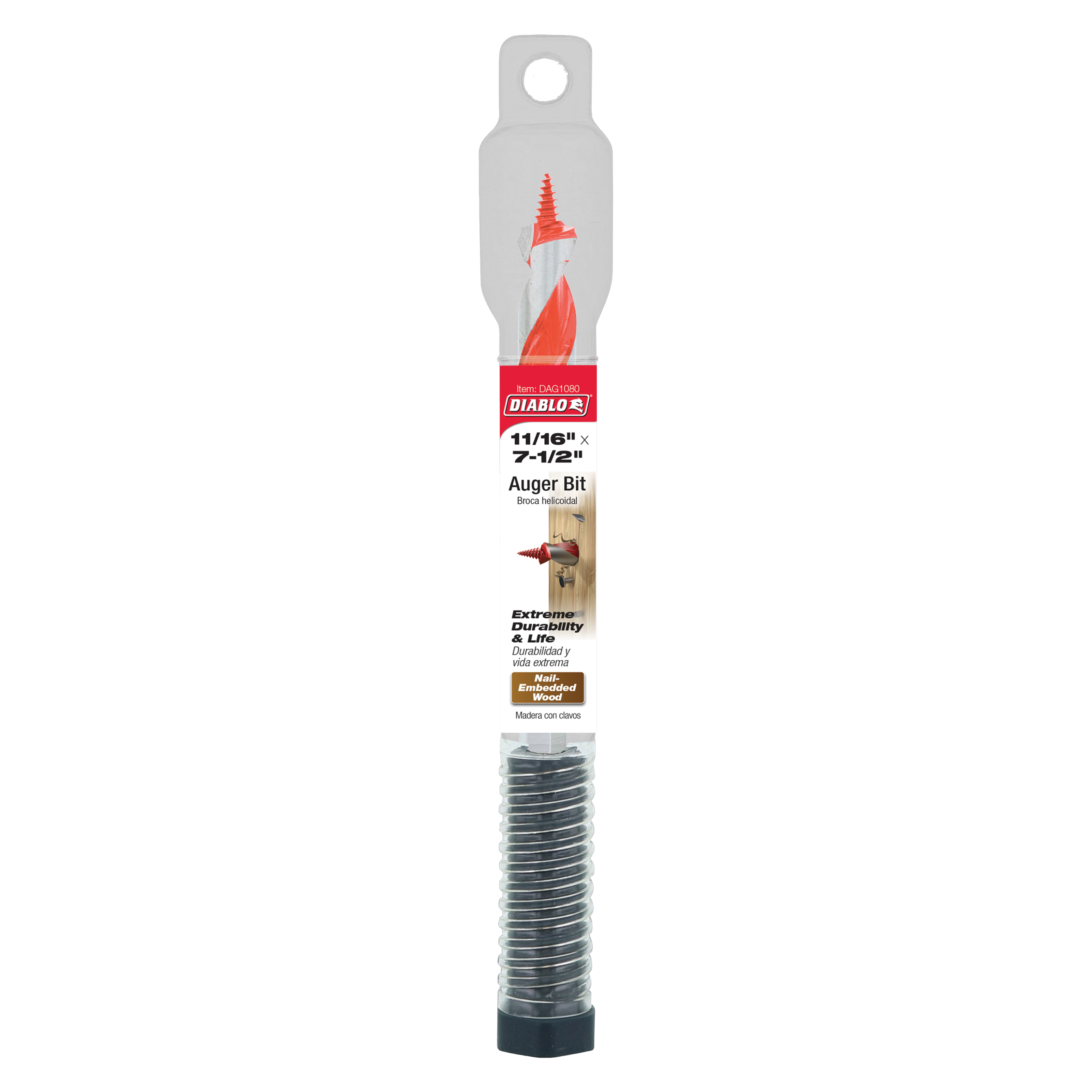 Diablo auger bit with red cutting head, gray packaging label, and threaded metal shaft with black base.