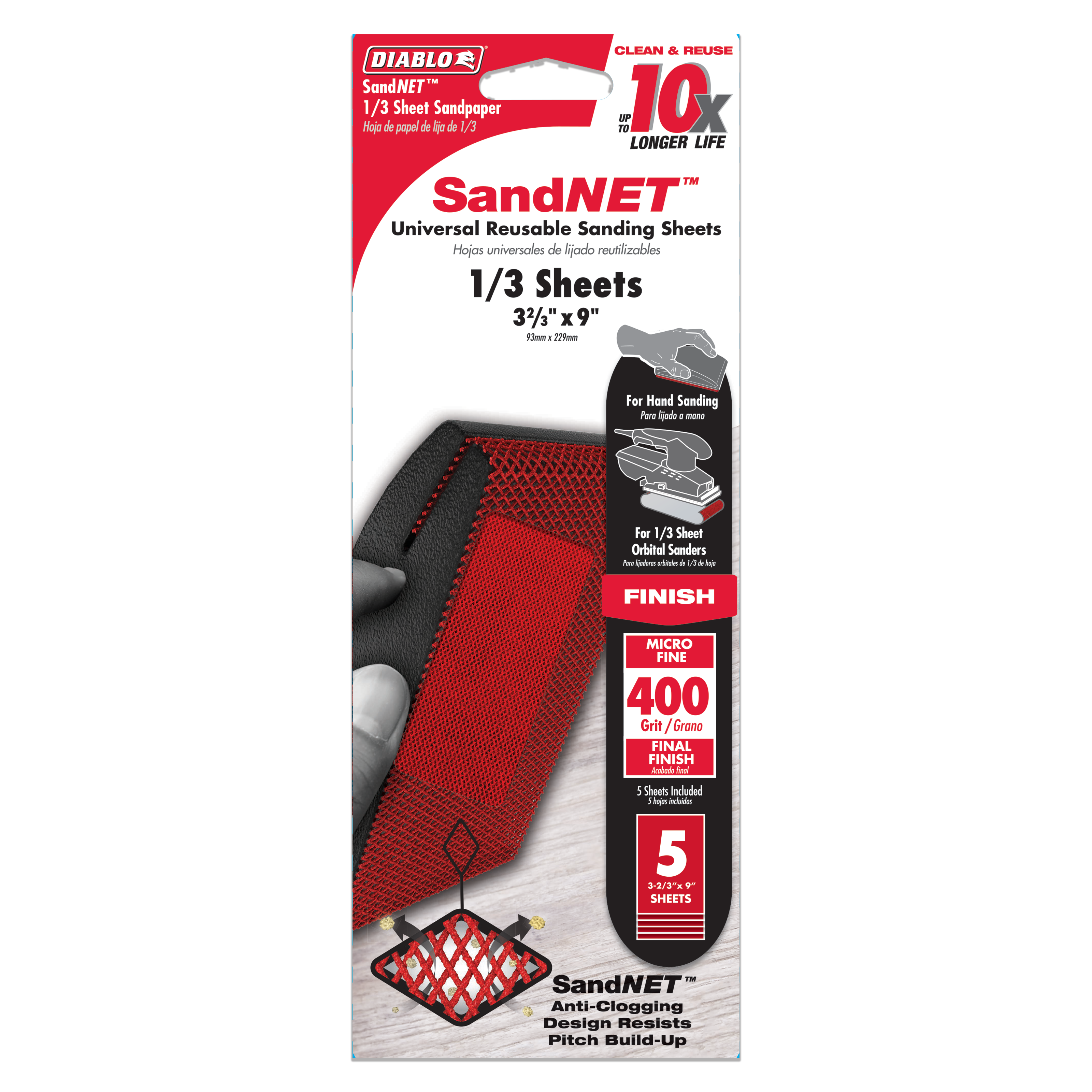 Five red and black 400-grit SandNET universal reusable sanding sheets with anti-clogging mesh design in 1/3 sheet size.