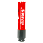Red and black Diablo hole saw with serrated cutting edges and cylindrical shank.