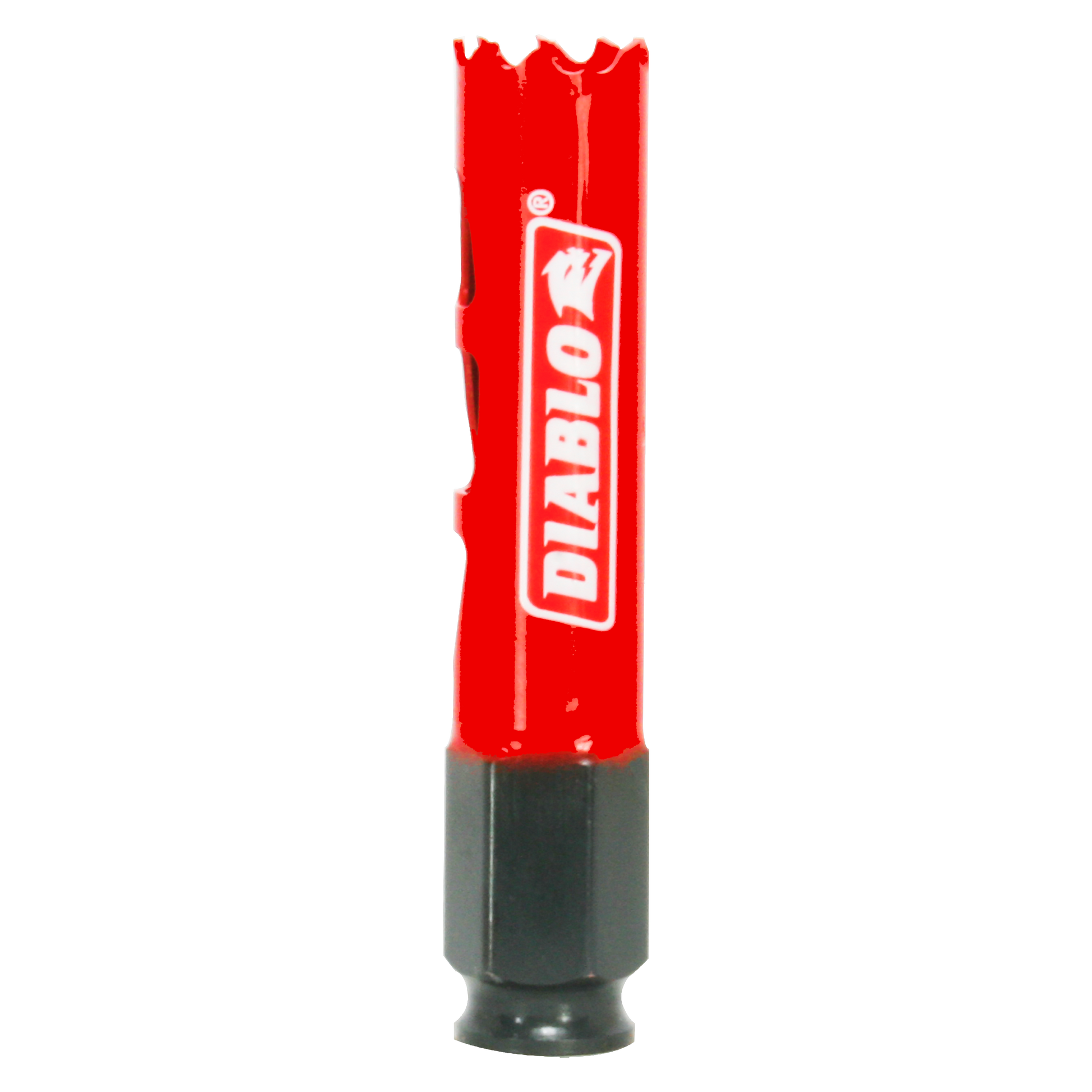 Red and black Diablo hole saw with serrated cutting edges and cylindrical shank.