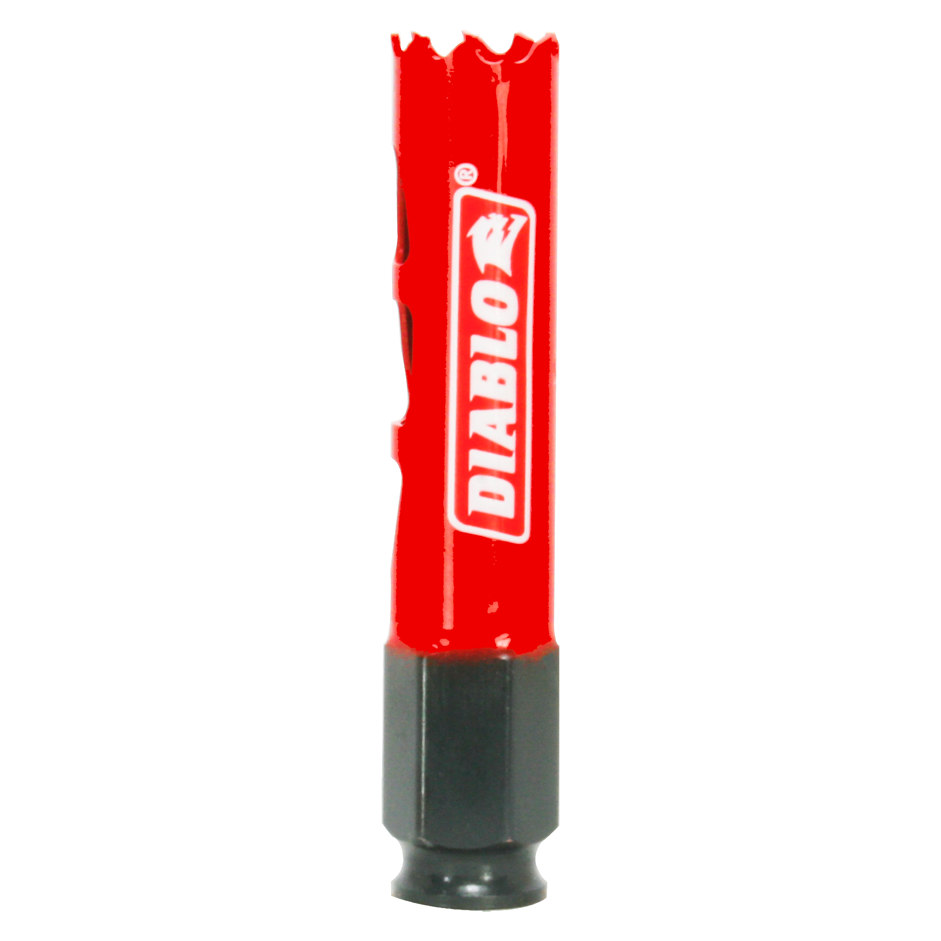 Red and black Diablo hole saw with serrated cutting edges and cylindrical shank.