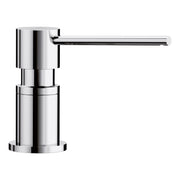 Chrome soap dispenser with cylindrical body, side-mounted pump lever, and round base.