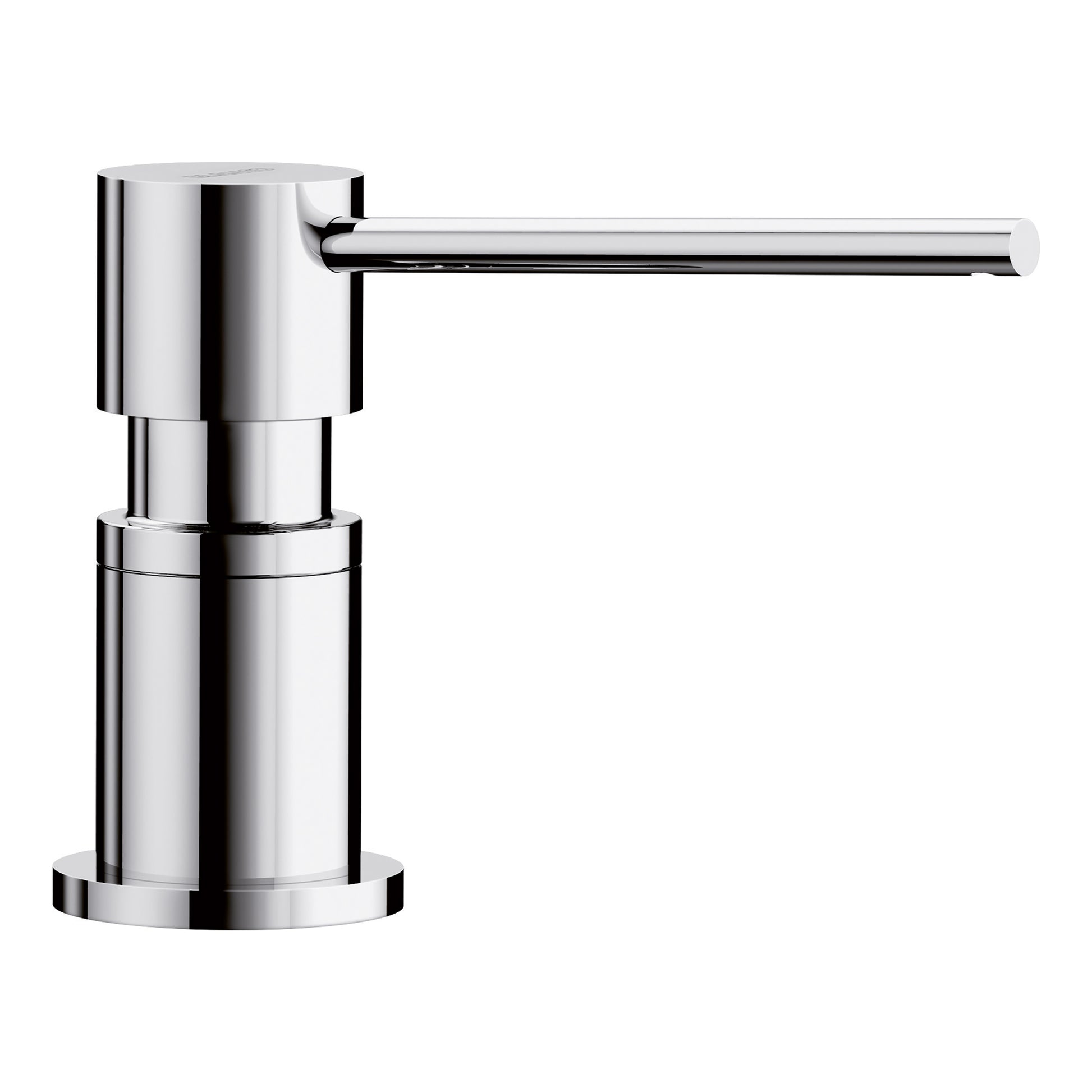 Chrome soap dispenser with cylindrical body, side-mounted pump lever, and round base.