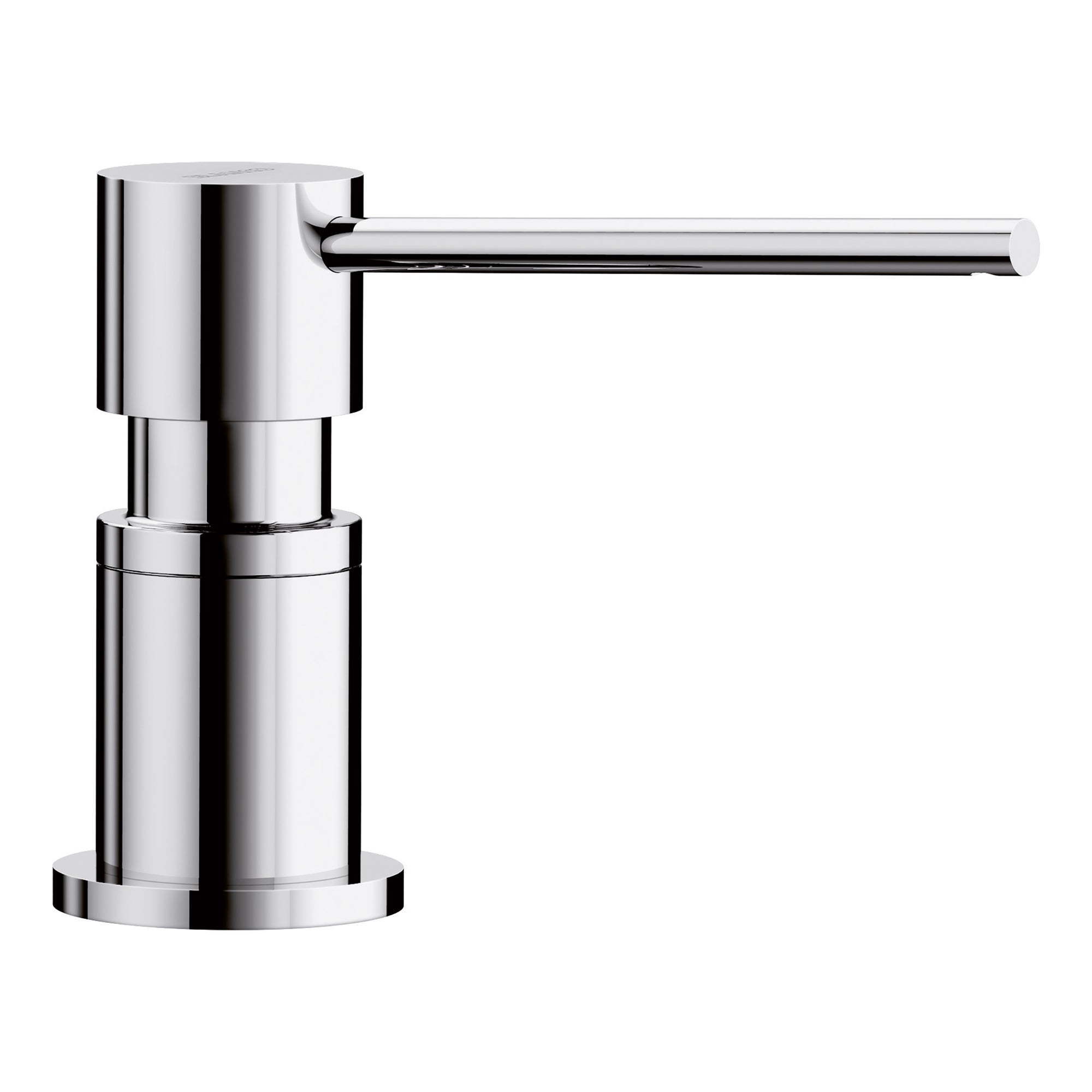 Chrome soap dispenser with cylindrical body, side-mounted pump lever, and round base.