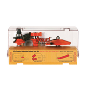 Three red and silver router bits in clear plastic case with yellow instruction base showing ogee coping cutter, ogee stick cu