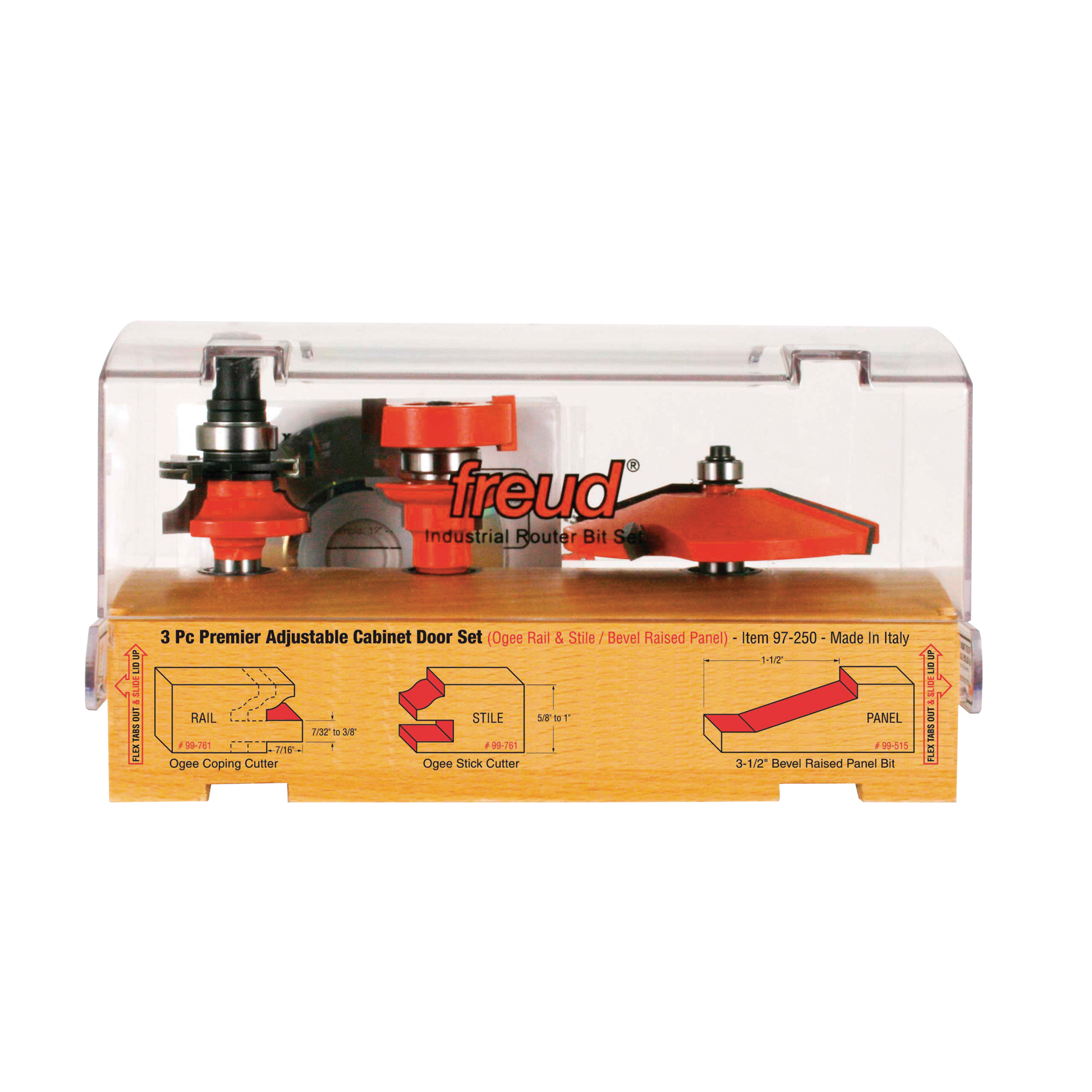 Three red and silver router bits in clear plastic case with yellow instruction base showing ogee coping cutter, ogee stick cu