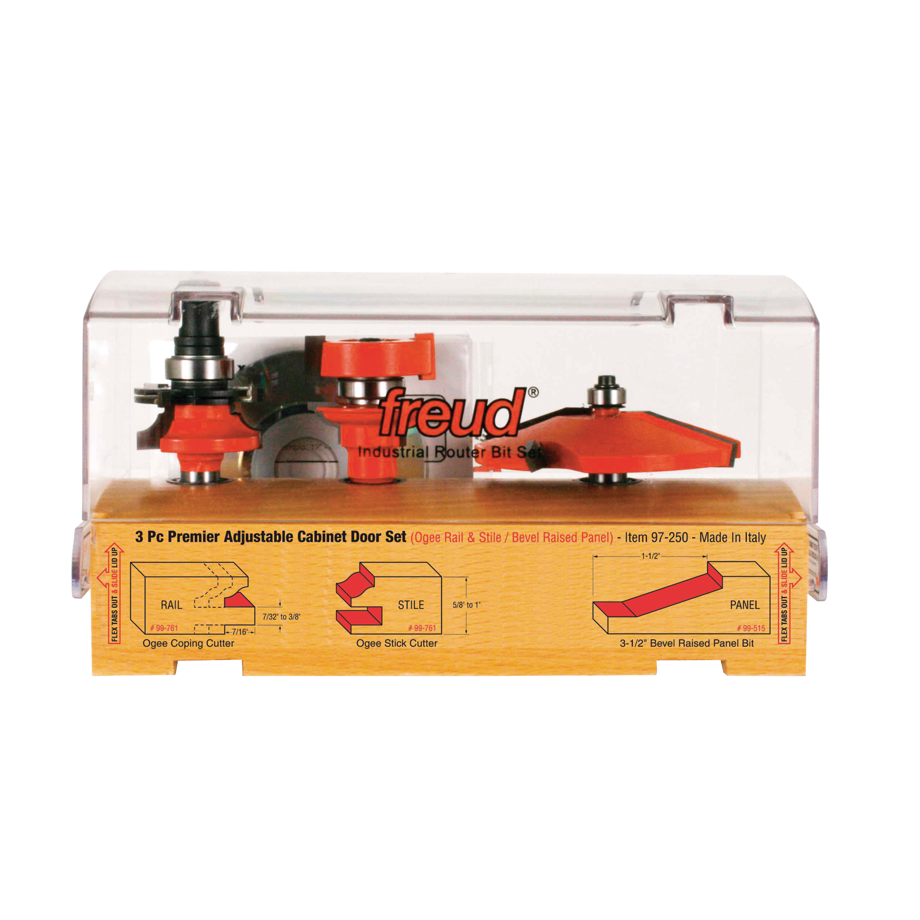 Three red and silver router bits in clear plastic case with yellow instruction base showing ogee coping cutter, ogee stick cu