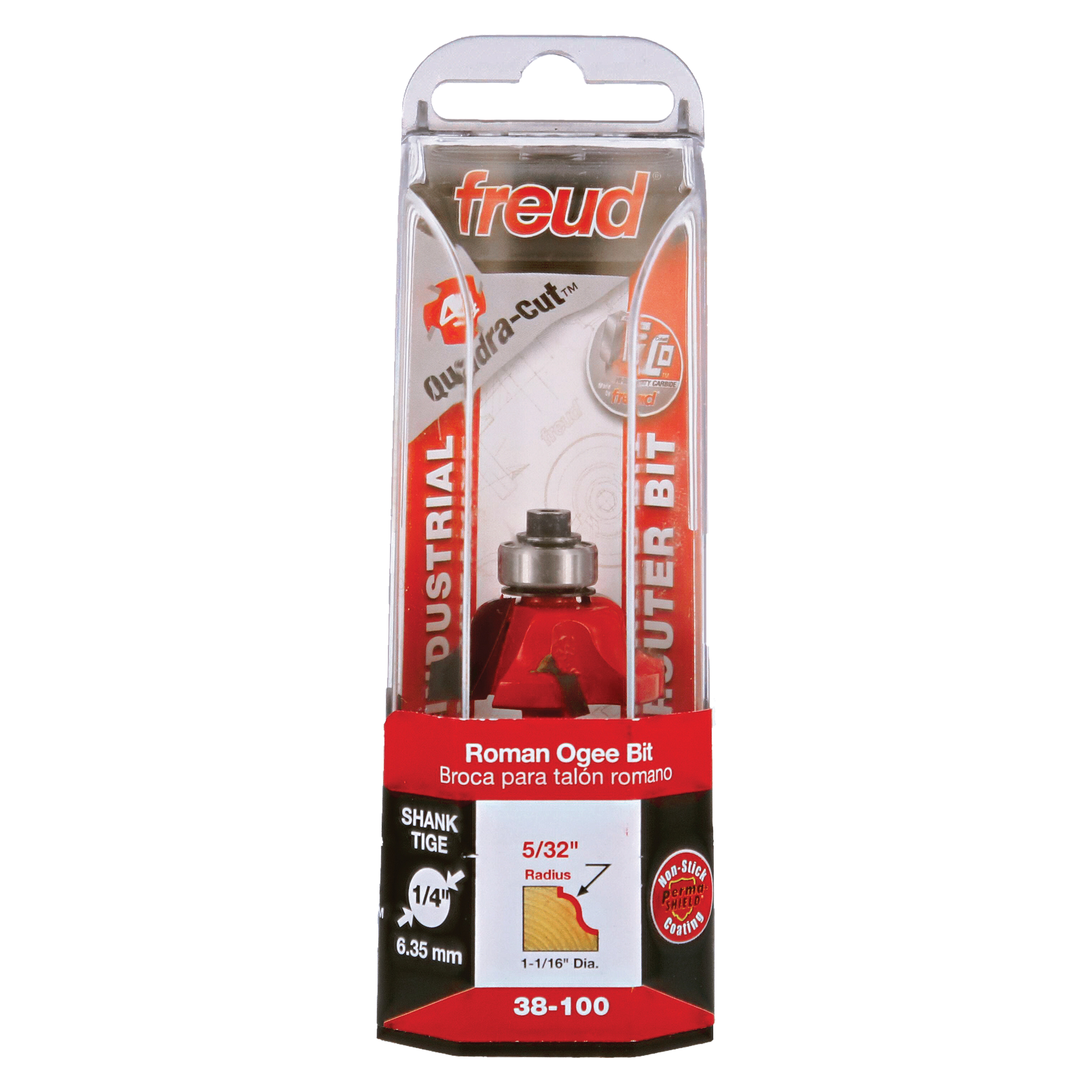 Freud 38-100 Roman Ogee router bit with red cutting head and 1/4" shank in clear plastic packaging.