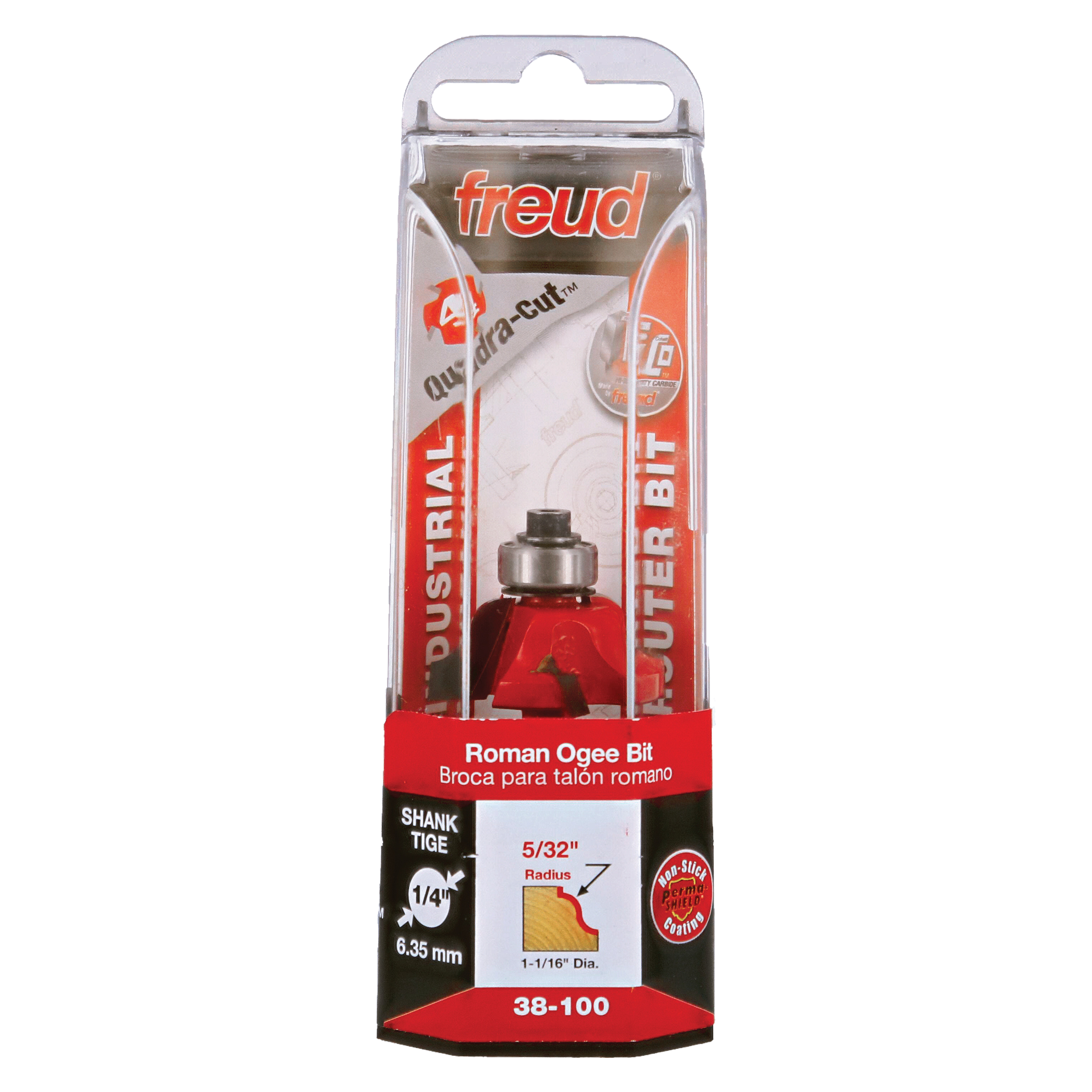Freud 38-100 Roman Ogee router bit with red cutting head and 1/4" shank in clear plastic packaging.