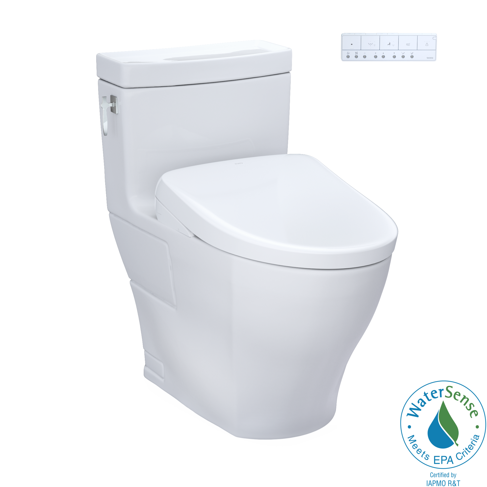 Toto Aimes One Piece Elongated Universal Height Toilet with CEFIONTECT 1.28 GPF with Contemporary Washlet+ S7 Bidet Seat in Cotton White
