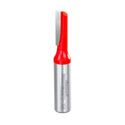 Silver router bit with red plastic handle and single straight flute cutting edge.