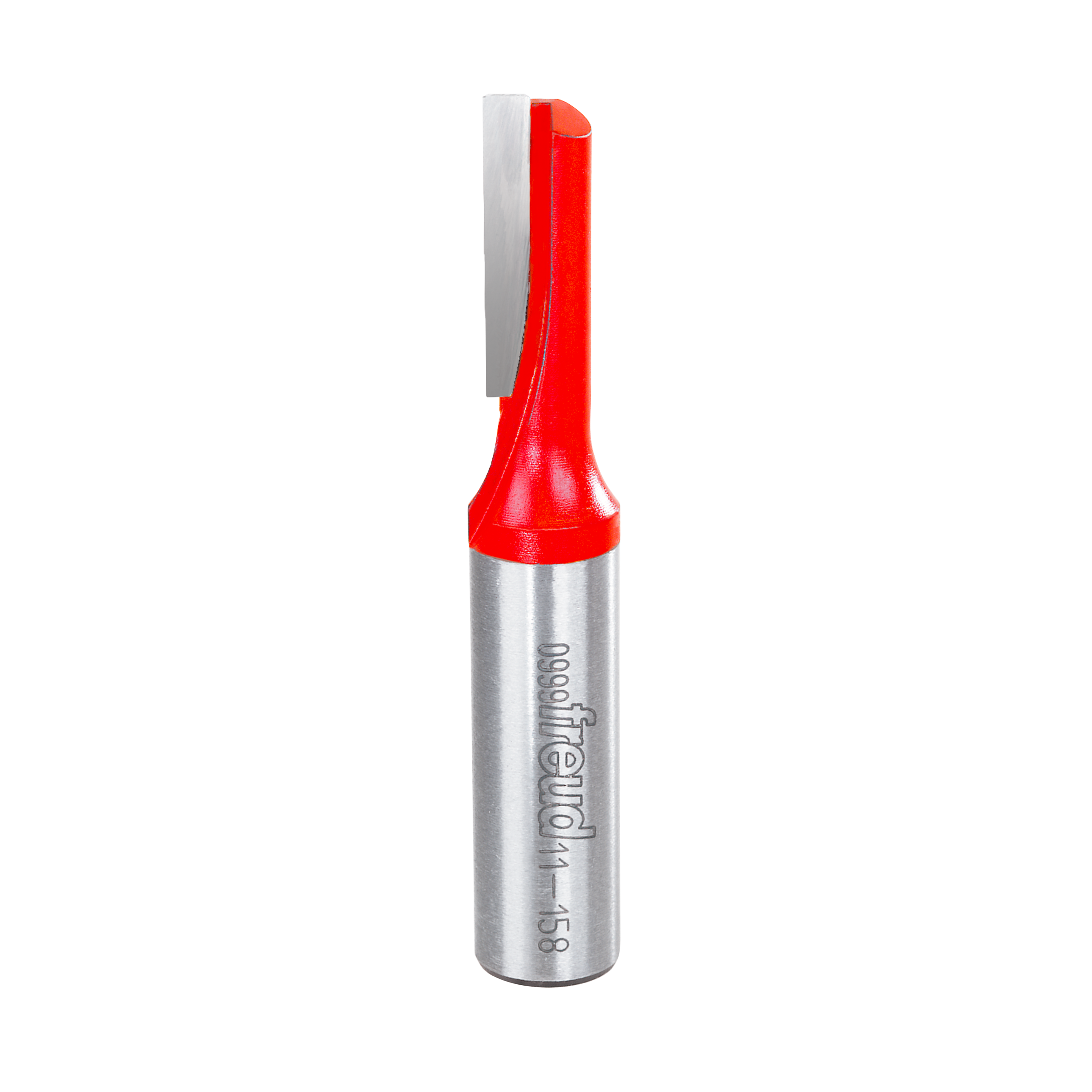 Silver router bit with red plastic handle and single straight flute cutting edge.